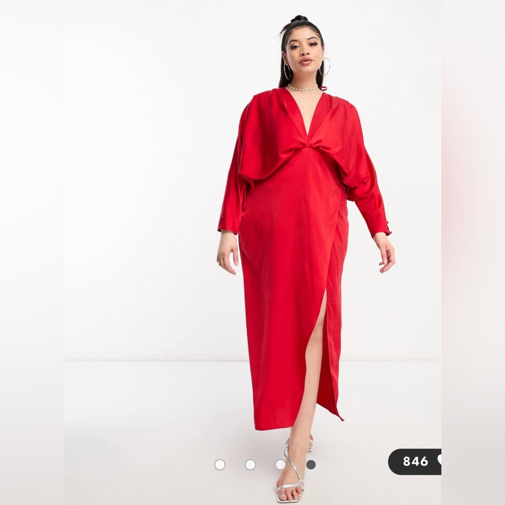 ASOS DESIGN Curve Exclusive satin batwing midaxi dress with split skirt in red